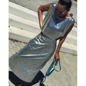 Micas Metallic Silver Midi Skirt Party Cocktail‎ Evening Elastic Waist Size M